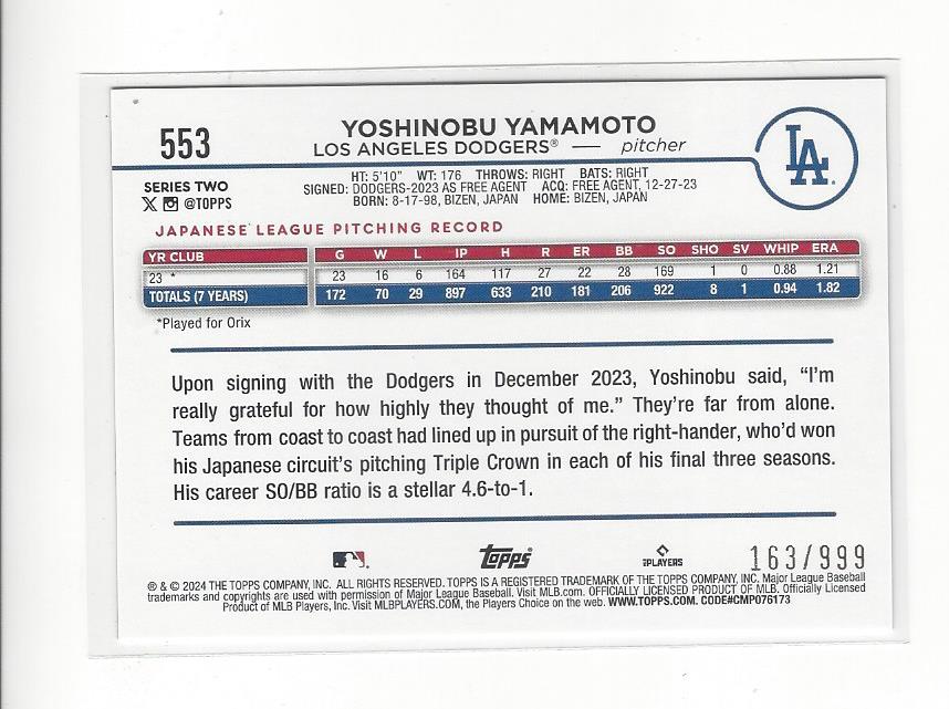 やーだょっ！プルーフ　Yaadayo! PROOF 2024 Topps Blue Foil #553 Yoshinobu Yamamoto RC Rookie Dodgers