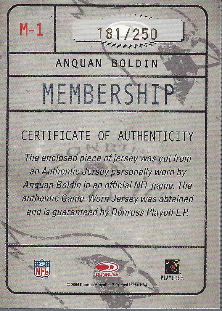 2004 Donruss Classics Membership VIP Jerseys #M1 Anquan Boldin back image