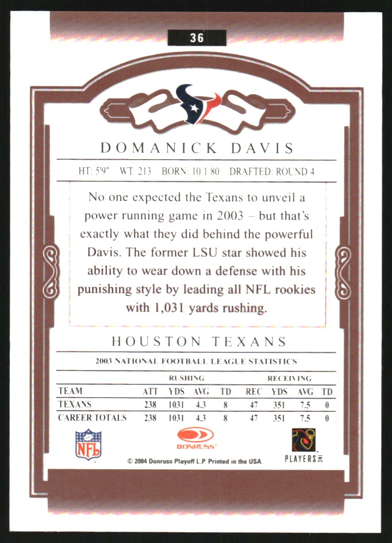 2004 Donruss Classics Significant Signatures Red #36 Domanick Davis back image