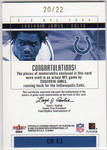 2004 E-X Clearly Authentics Dual Patch Tan #CAEJ Edgerrin James back image