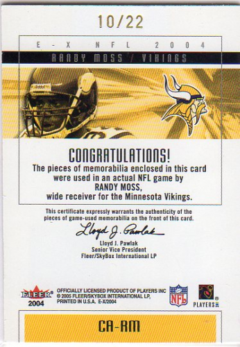 2004 E-X Clearly Authentics Dual Patch Tan #CARM Randy Moss back image