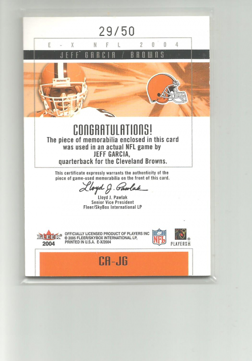 2004 E-X Clearly Authentics Patch/Jersey Gold #CAJG Jeff Garcia back image