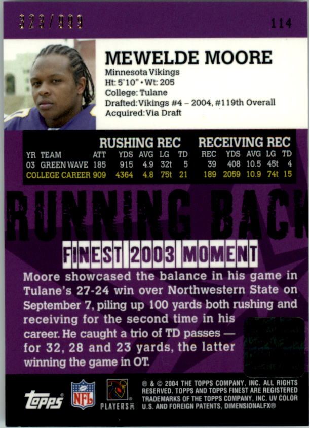 2004 Finest #114 Mewelde Moore AU RC back image