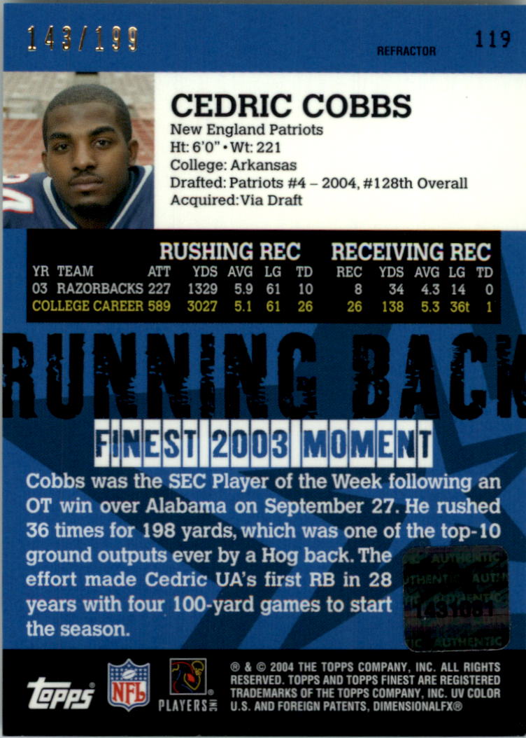 2004 Finest Refractors #119 Cedric Cobbs AU back image