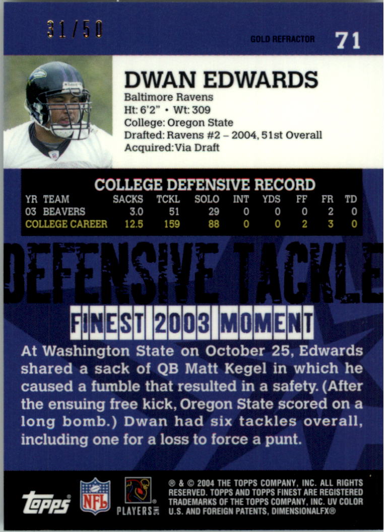2004 Finest Gold Refractors #71 Dwan Edwards back image