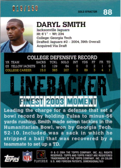 2004 Finest Uncirculated Gold Xfractors #88 Daryl Smith back image