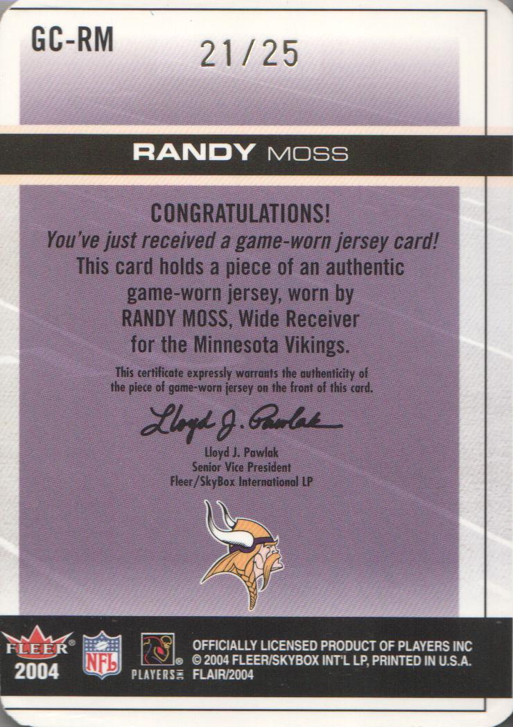 2004 Flair Gridiron Cuts Die Cut Patches #GCRM Randy Moss back image