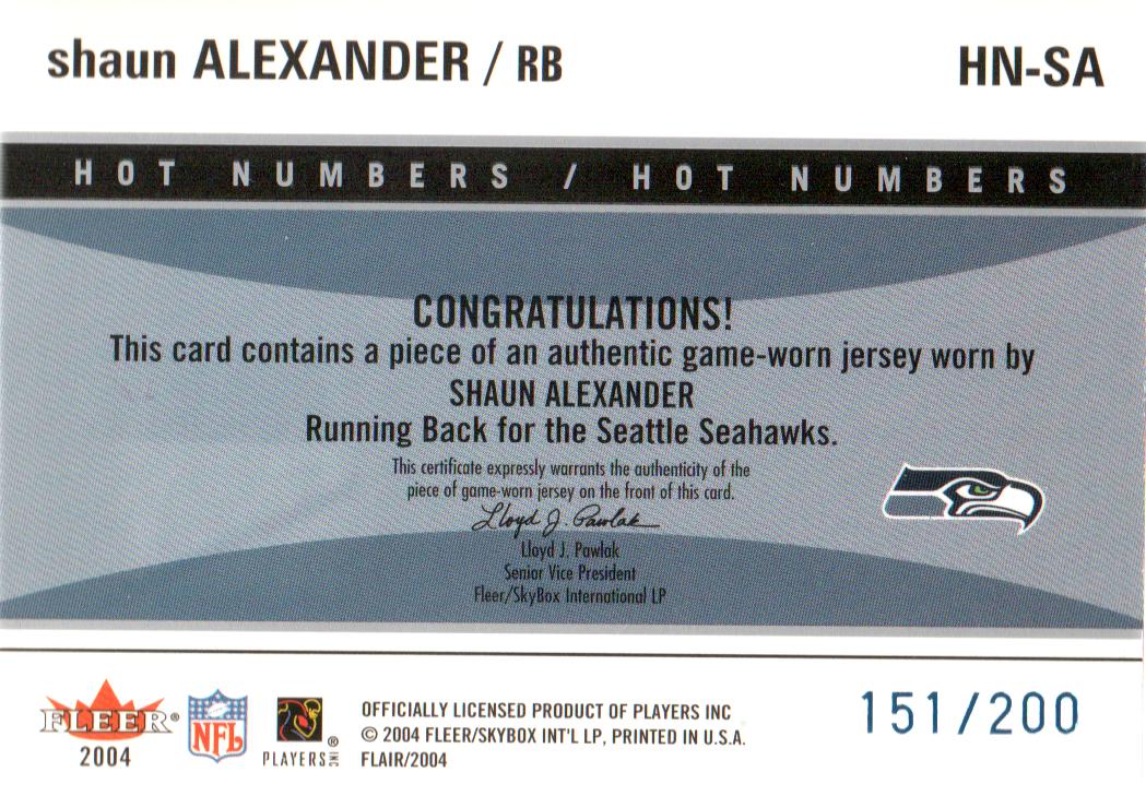 2004 Flair Hot Numbers Game Used Blue #HNSA Shaun Alexander back image