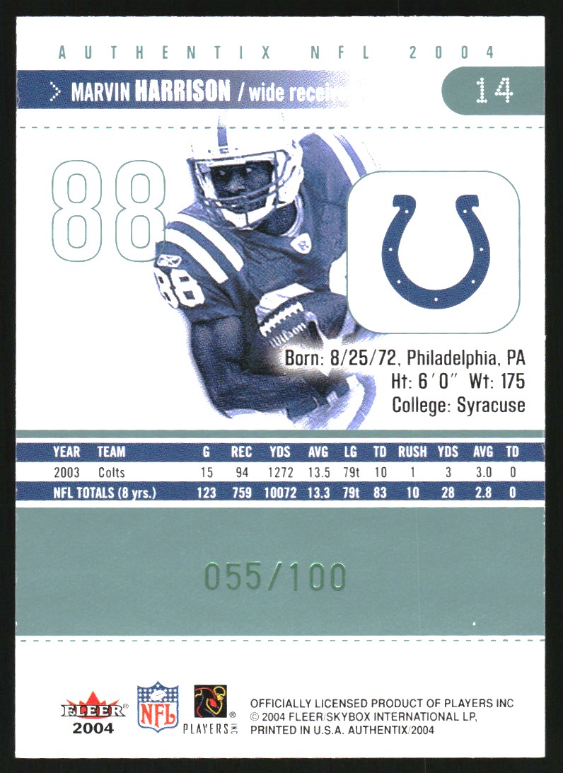 2004 Fleer Authentix General Admission Green #14 Marvin Harrison