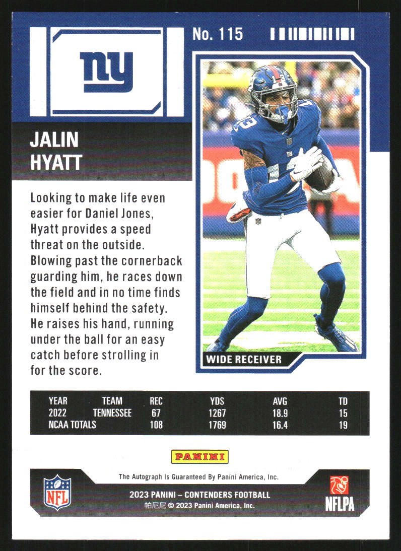 2023 Panini Contenders #115 Jalin Hyatt RC EXCH Auto