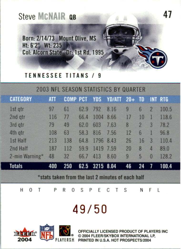 2004 Hot Prospects Red Hot #47 Steve McNair back image
