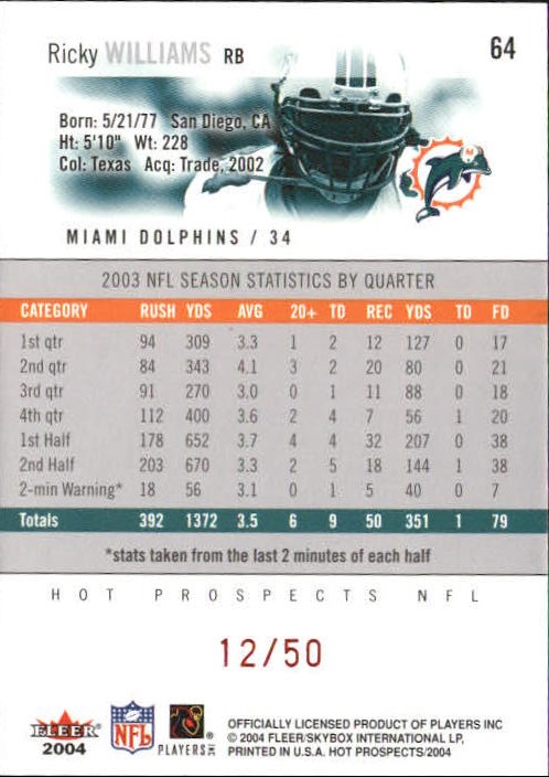 2004 Hot Prospects Red Hot #64 Ricky Williams back image