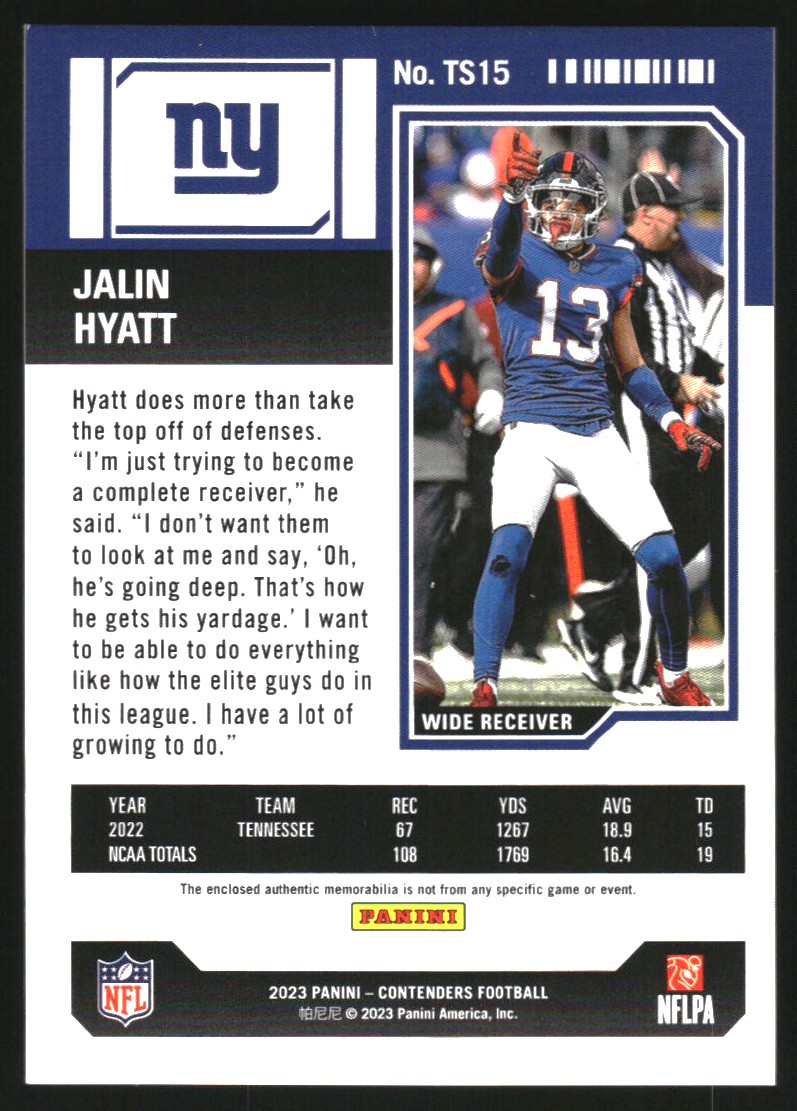 2023 Panini Contenders Rookie Ticket Swatches #15 Jalin Hyatt