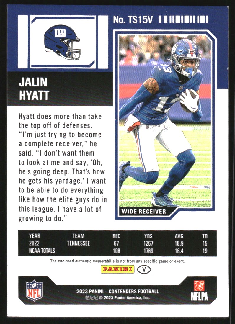2023 Panini Contenders Rookie Ticket Swatches Variations #15 Jalin Hyatt