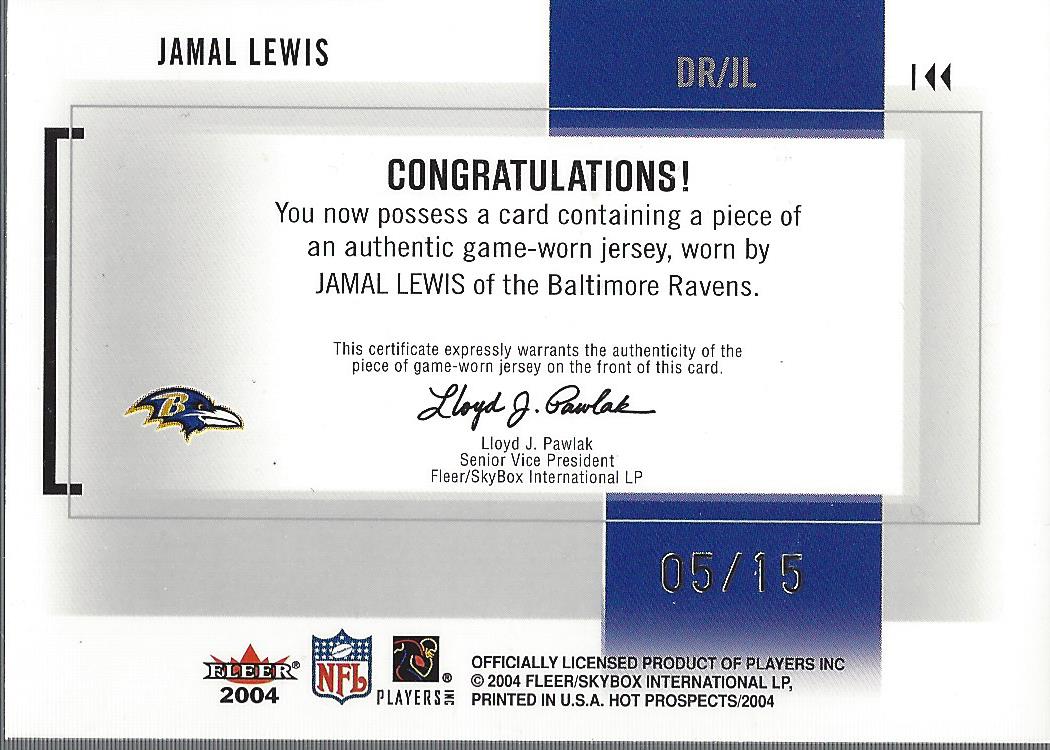 2004 Hot Prospects Draft Rewind Jersey Patches #DRJL Jamal Lewis/15 back image