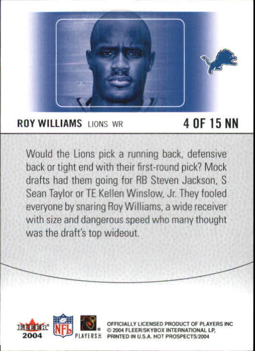 2004 Hot Prospects Notable Newcomers #4NN Roy Williams WR back image