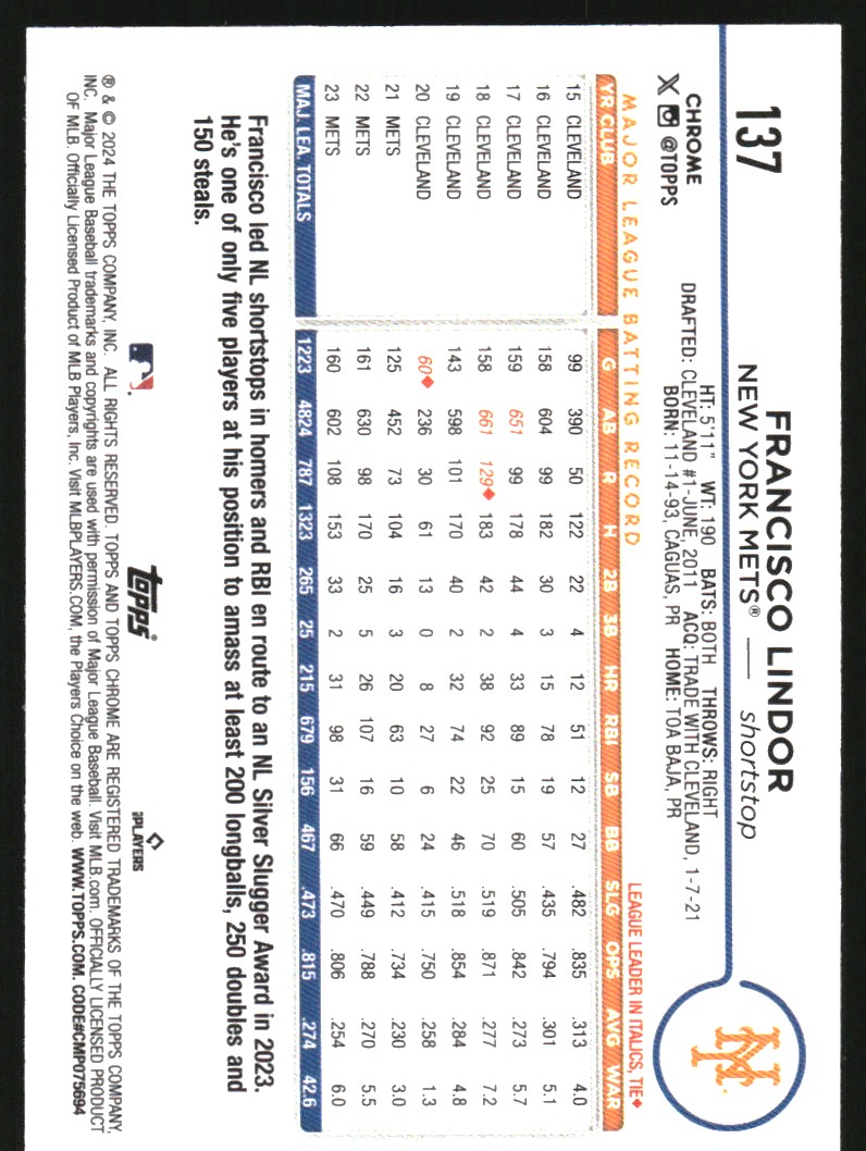 2024 Topps Chrome RayWave Refractors #137 Francisco Lindor