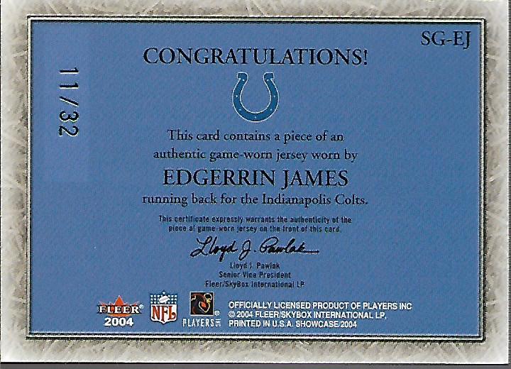 2004 Fleer Showcase Grace Game Used #EJ5 Edgerrin James Jersey /32