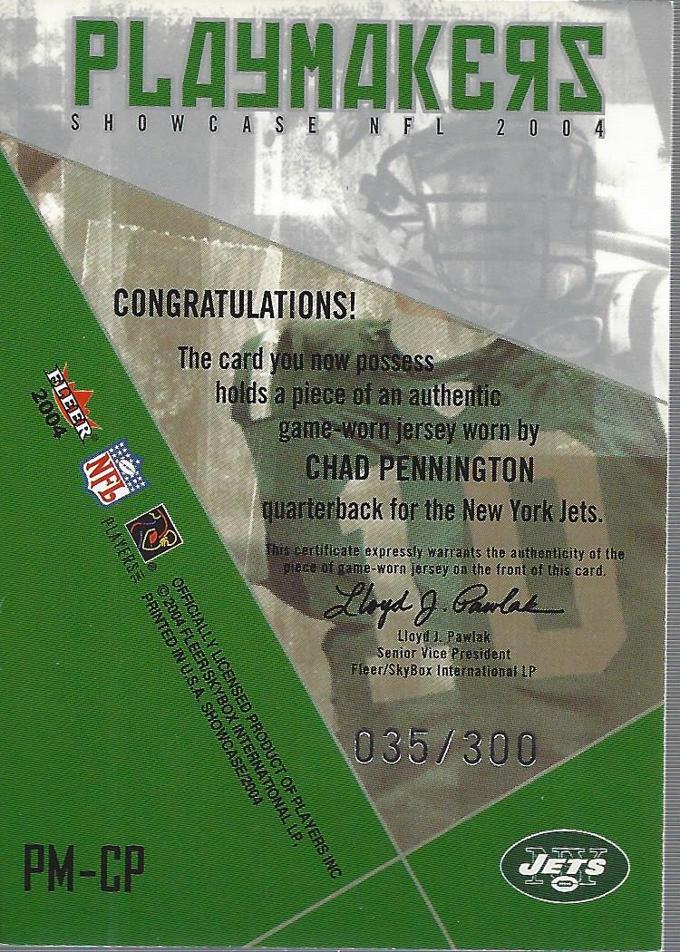 2004 Fleer Showcase Playmakers Game Used #CP1 Chad Pennington/300 back image