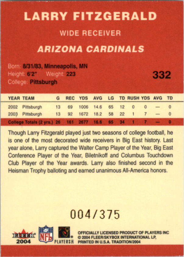 2004 Fleer Tradition Draft Day #332 Larry Fitzgerald back image