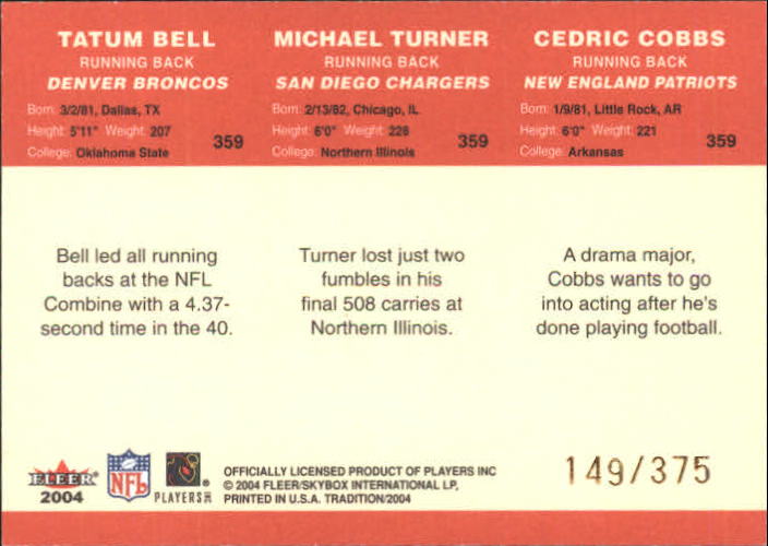 2004 Fleer Tradition Draft Day #359 Tatum Bell/Michael Turner/Cedric Cobbs back image
