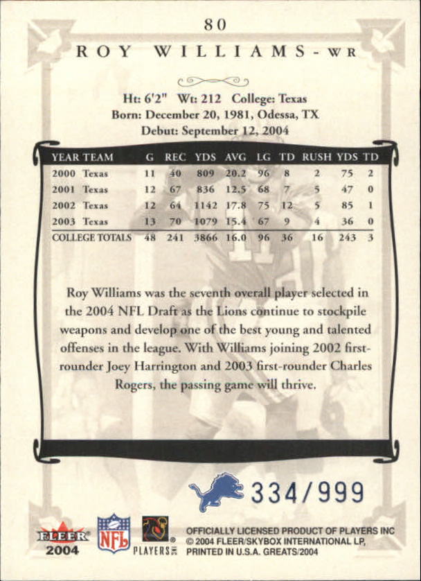 2004 Greats of the Game #80 Roy Williams RC back image