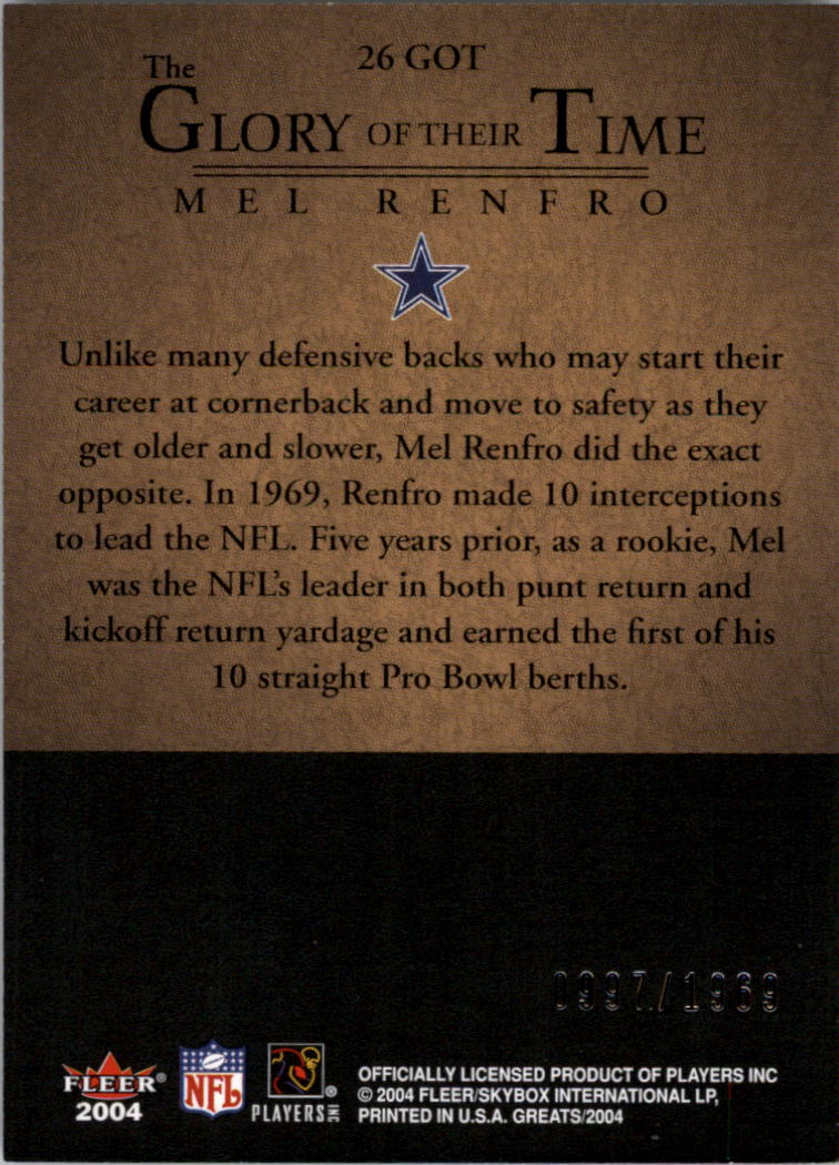 2004 Greats of the Game Glory of Their Time #GOT26 Mel Renfro/1969 back image