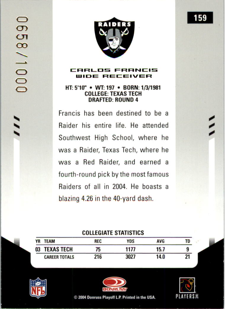 2004 Leaf Certified Materials #159 Carlos Francis AU RC back image