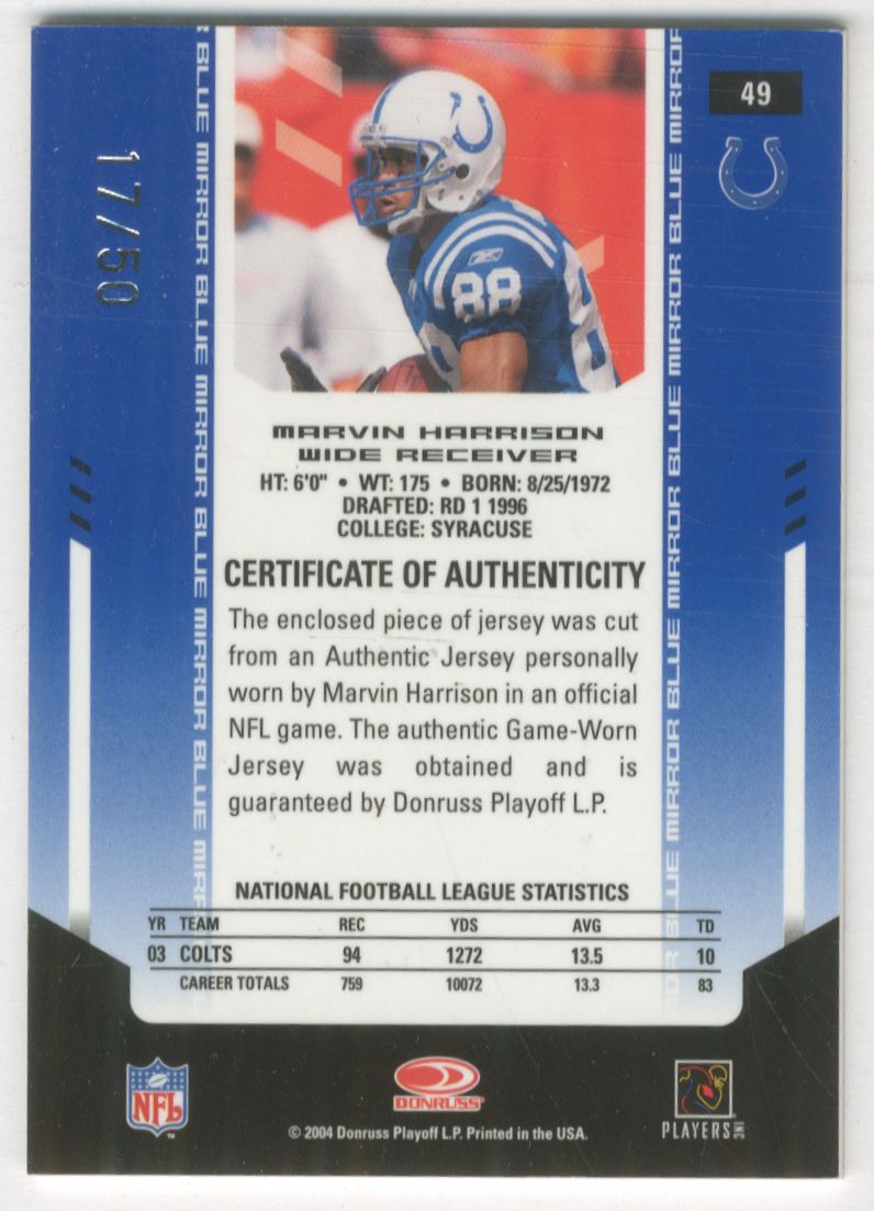 2004 Leaf Certified Materials Mirror Blue Materials #49 Marvin Harrison back image