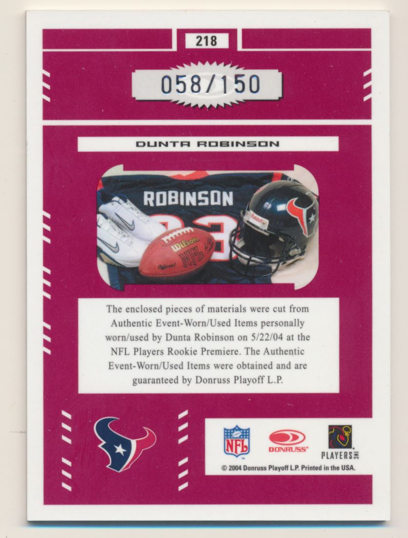2004 Leaf Certified Materials Mirror Red Materials #218 Dunta Robinson back image