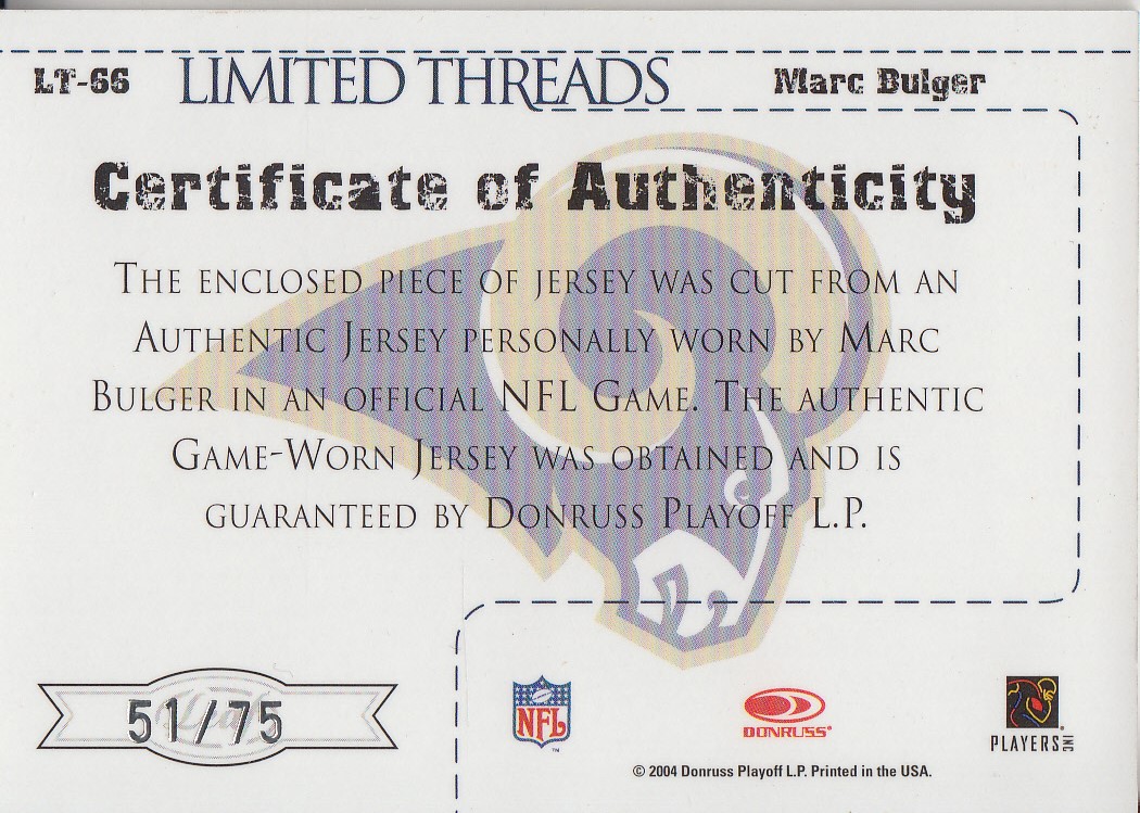 2004 Leaf Limited Threads #LT66 Marc Bulger/75 back image