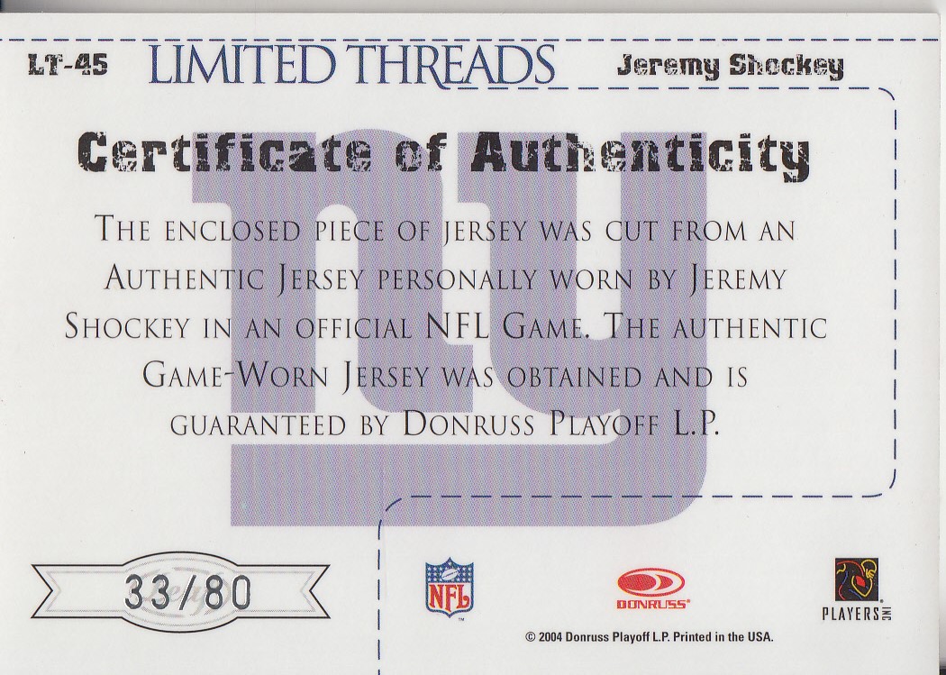 2004 Leaf Limited Threads Jersey Numbers #LT45 Jeremy Shockey/80 back image