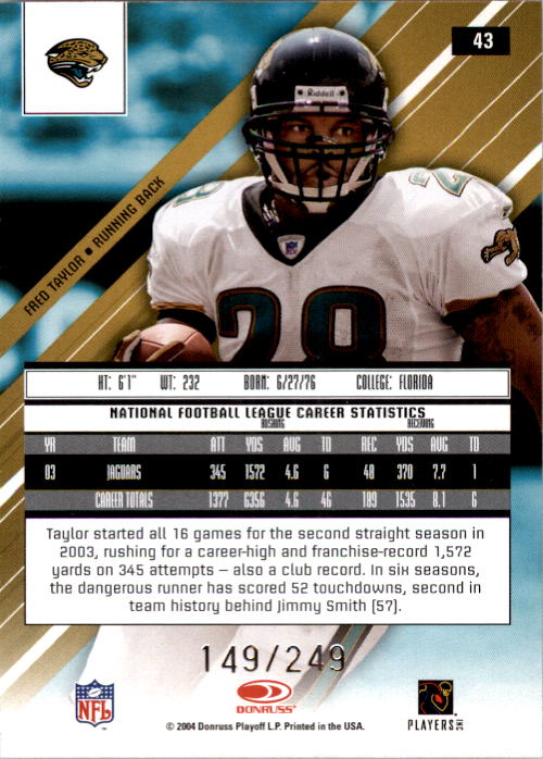 2004 Leaf Rookies and Stars Longevity True Blue Parallel #43 Fred Taylor back image