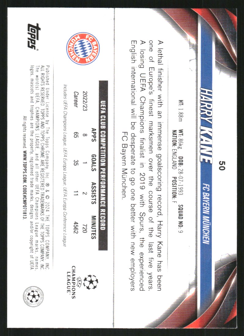 2023-24 Topps Chrome UEFA Club Competitions Pulsar Refractors #50 Harry Kane