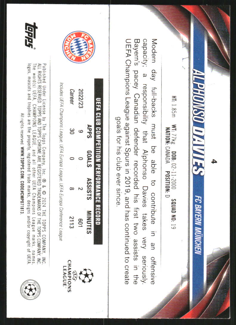 2023-24 Topps Chrome UEFA Club Competitions Pink Lava Refractors #4 Alphonso Davies