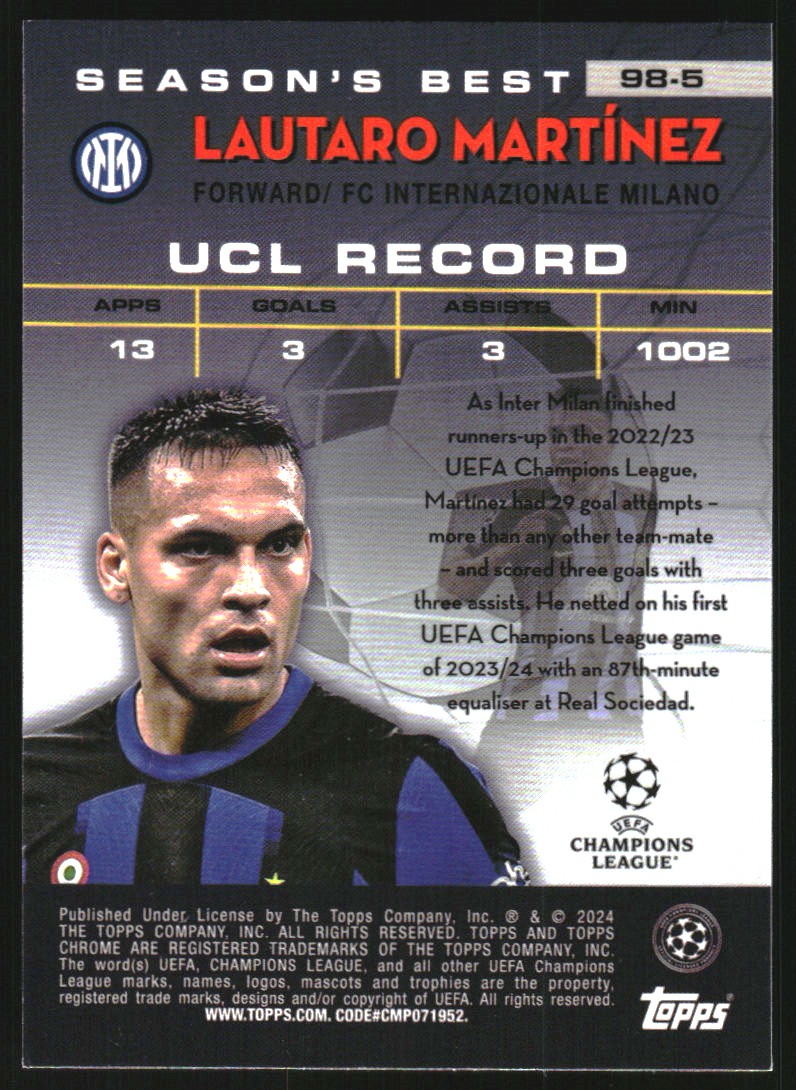 2023-24 Topps Chrome UEFA Club Competitions '98 Topps Chrome Shooting Stars Gold Lava Refractors #985 Lautaro Martinez