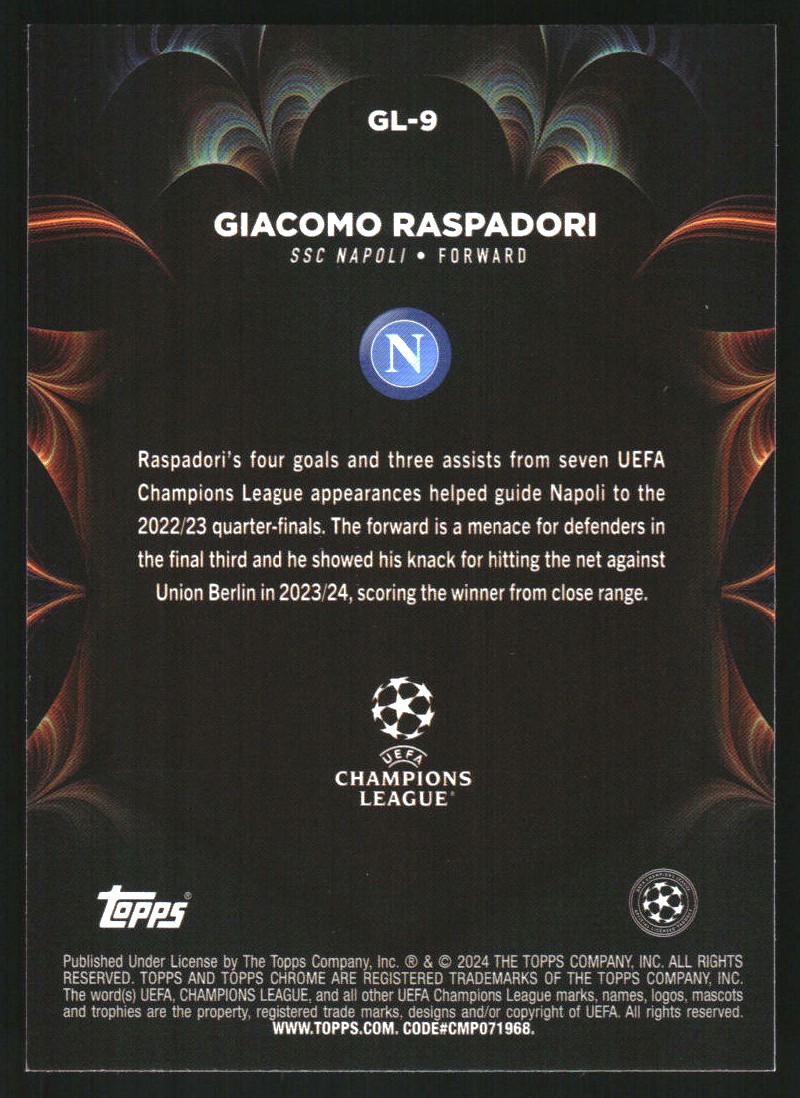 2023-24 Topps Chrome UEFA Club Competitions Golazo #GL9 Giacomo Raspadori