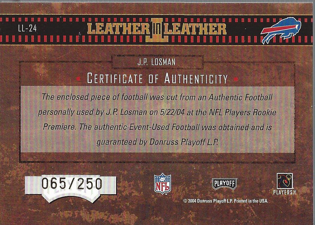2004 Playoff Hogg Heaven Leather in Leather #LL24 J.P. Losman back image