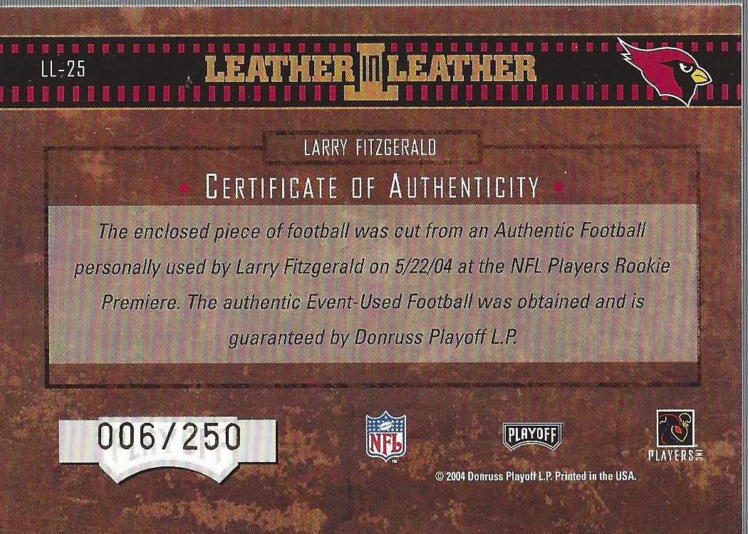 2004 Playoff Hogg Heaven Leather in Leather #LL25 Larry Fitzgerald back image