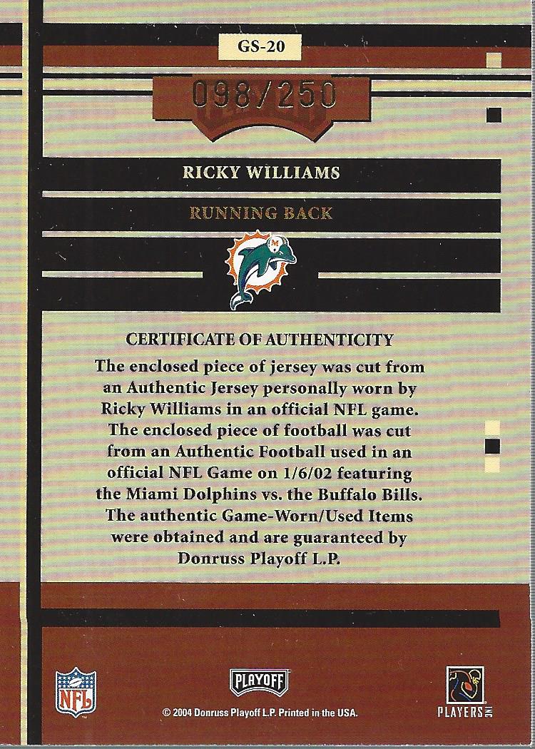 2004 Playoff Honors Game Day Souvenirs #GS20 Ricky Williams back image