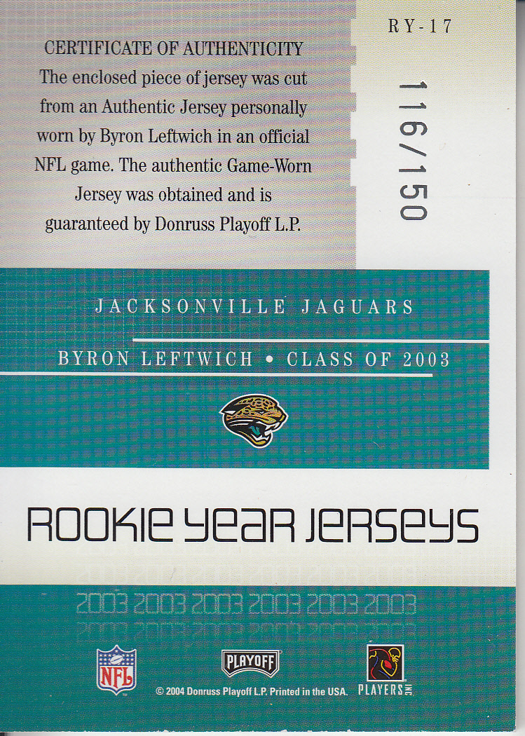 2004 Playoff Honors Rookie Year Jerseys #RY17 Byron Leftwich back image