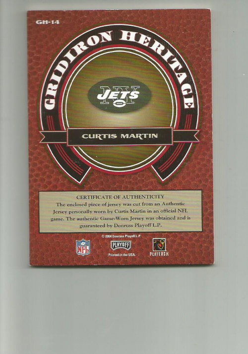 2004 Playoff Prestige Gridiron Heritage Jerseys #GH14 Curtis Martin back image