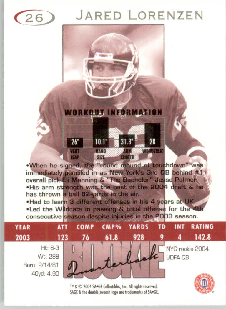 2004 Sage Football "Main Set" Base Cards - Picture 53 of 93