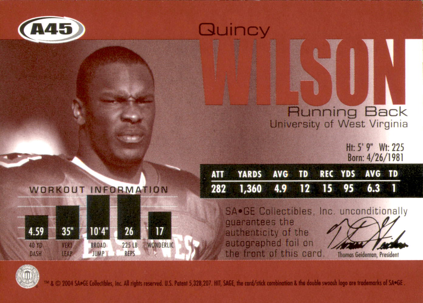 2004 SAGE Autographs Silver #A45 Quincy Wilson/350 back image