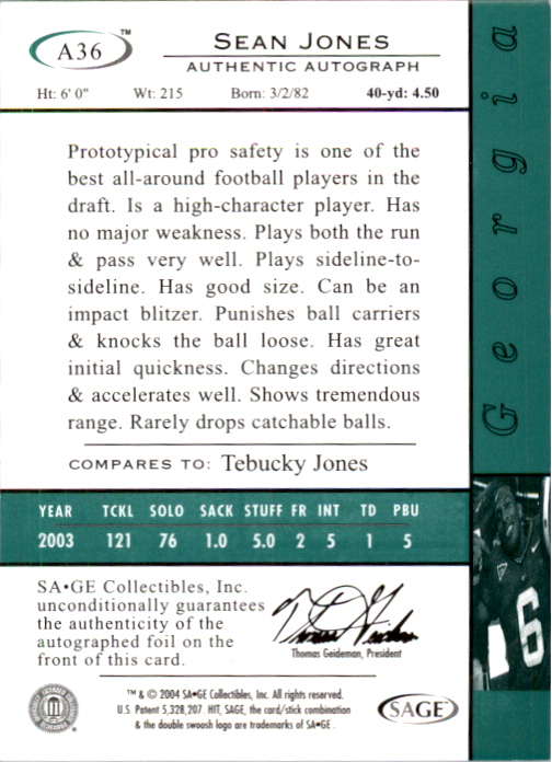 2004 SAGE HIT Autographs Emerald #A36 Sean Jones