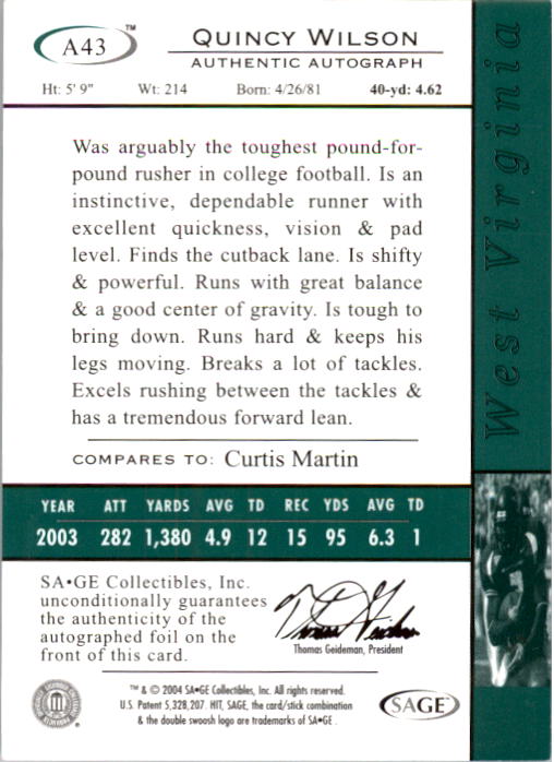 2004 SAGE HIT Autographs Emerald #A43 Quincy Wilson