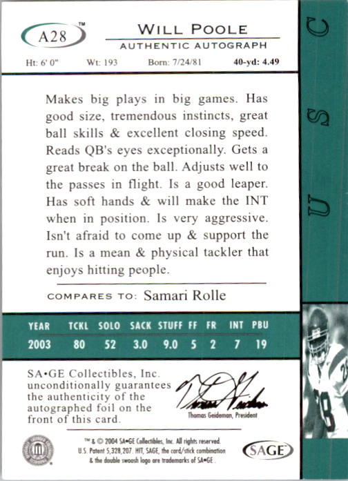 2004 SAGE HIT Autographs Gold #A28 Will Poole