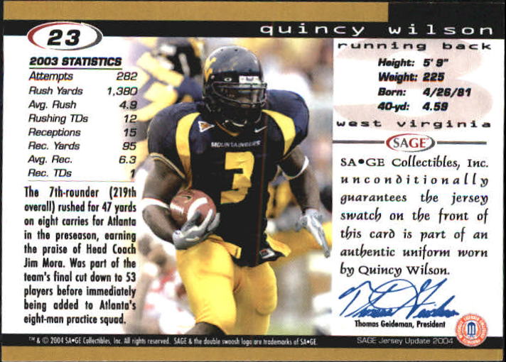 2004 SAGE Jersey Update #23 Quincy Wilson back image