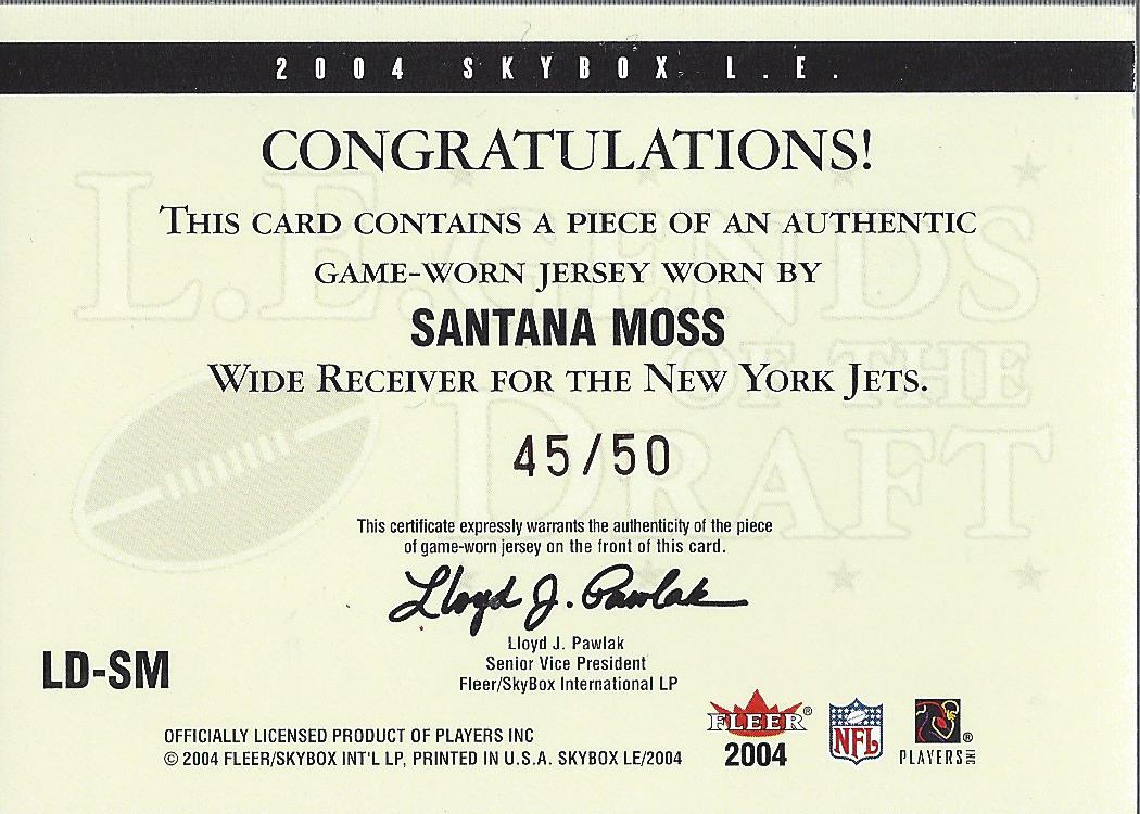 2004 SkyBox LE LEgends of the Draft Jerseys Copper #LDSM Santana Moss back image
