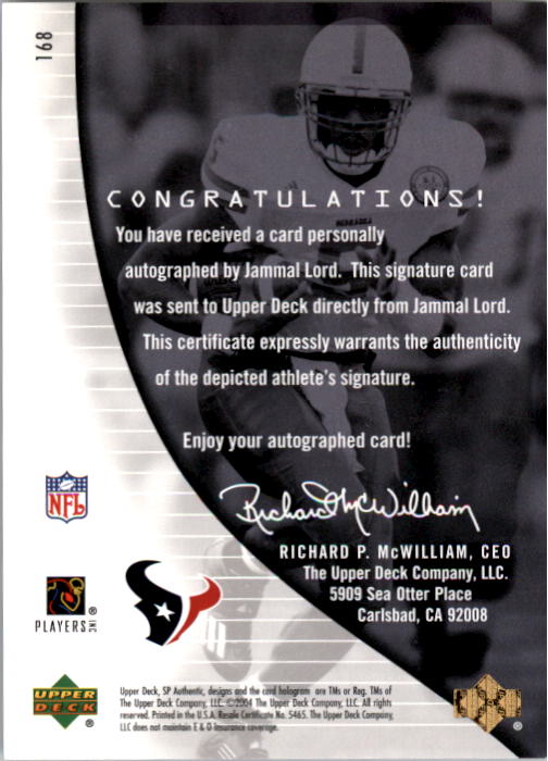 2004 SP Authentic #168 Jammal Lord AU RC back image